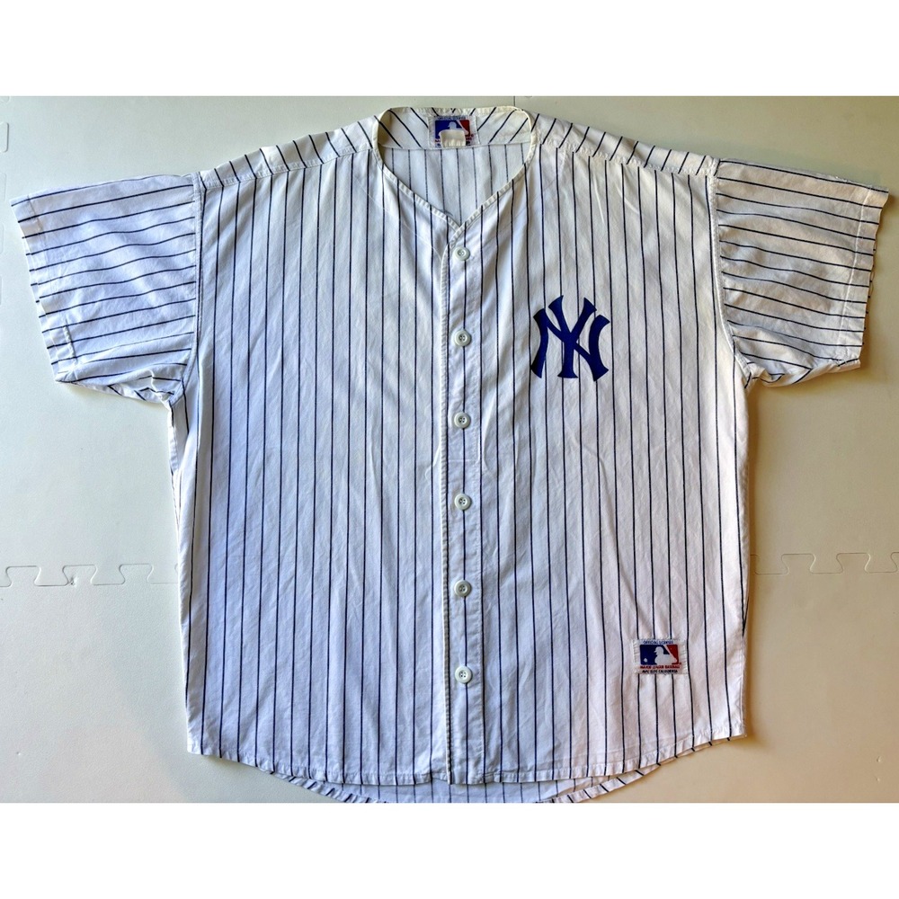 Vtg NEW YORK YANKEES Jersey Mens MLB Baseball Pinstripe Mac Ilos - L/XL White